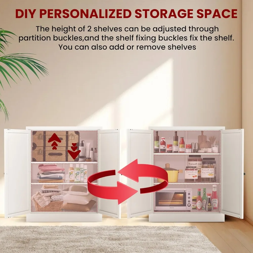 キッチンパントリーキャビネット、34.6インチのホワイトパントリー収納キャビネット、2段の調節可能な棚と2つのドア付き、自立型食器棚、Me