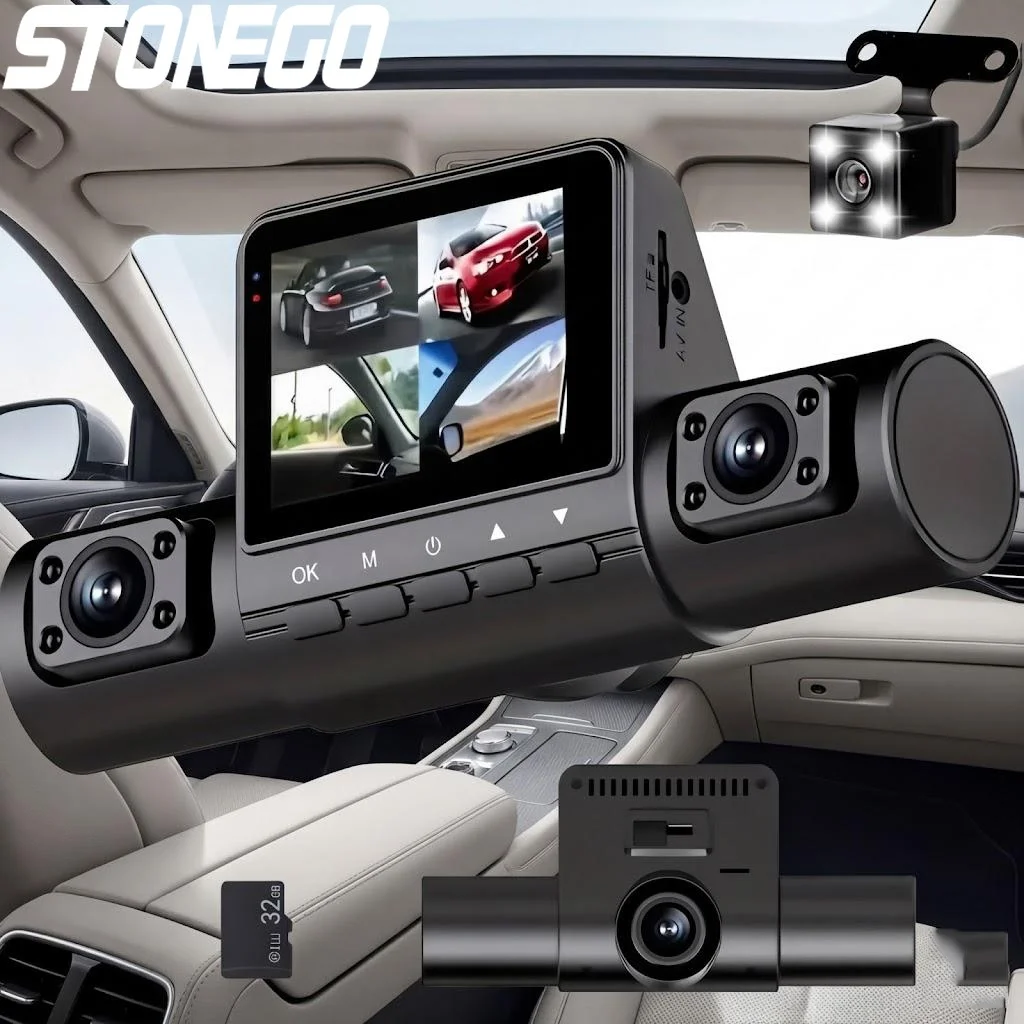 1080P Full HD 4 Lens Dash Cam Wide Angle Loop Recording Button Control IPS Screen Laptop Compatible Car DVR