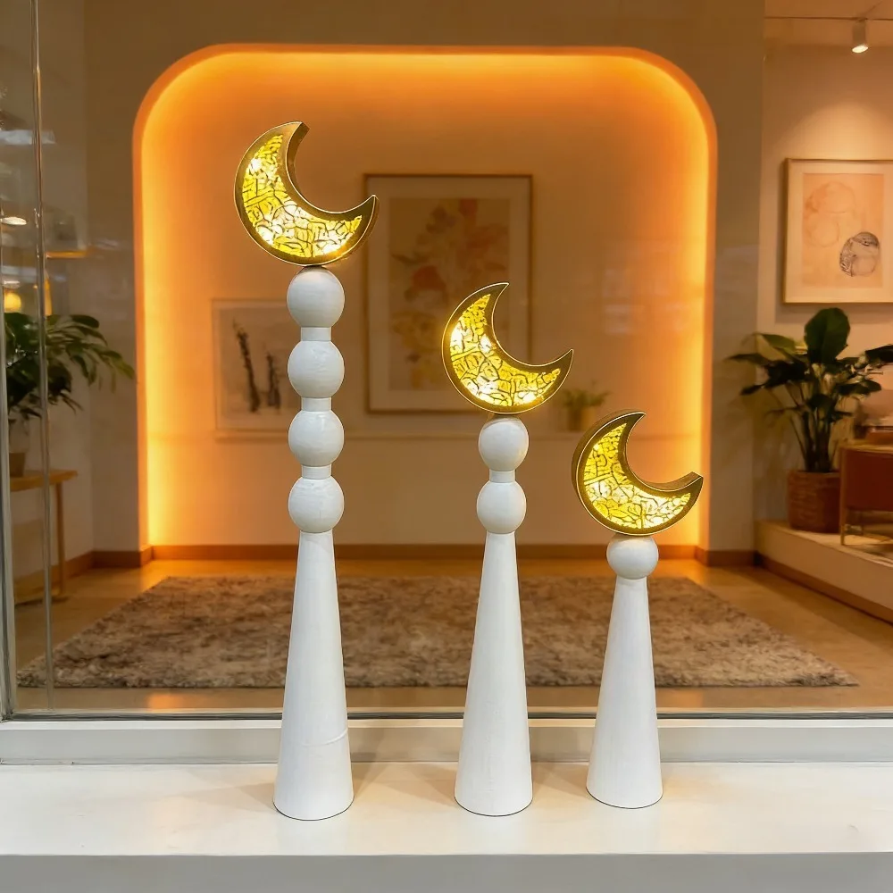 New Middle East Arabic Wooden Luminous Moon Ornament 3Pcs Set Eid Mubarak Ramadan Party Home Decor