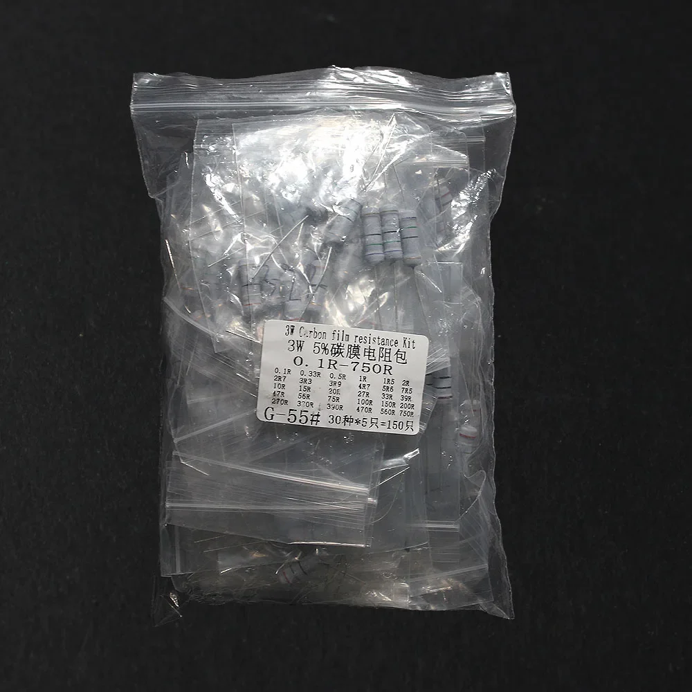 150PCS/Set 3W Carbon film resistor kit 0.1R ~ 750R resistencias Assorted Pack Kit Set 5% electronica 10 ohm 15 ohm 20 ohm 27 ohm