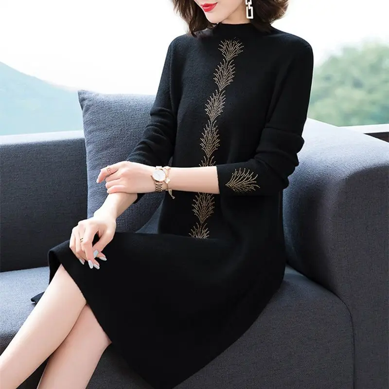 Vintage Korean Dress Long Sleeve Slim Woman Sweater es Knitted Elegant Half High Collar Midi Party   Autumn Q526