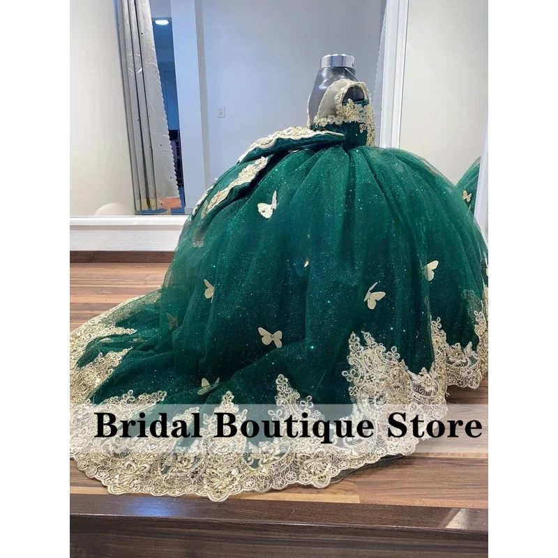 Green Flower Girl Dress for Wedding Gala Dress for Kids Off Shoulder Gold Applique Birthday Party Ball Gowns with Butterfly