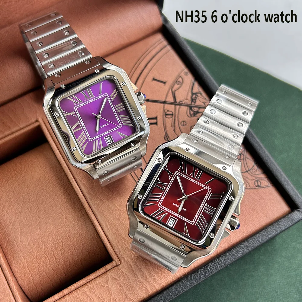 NH35 Watch man's watch square dial Red wine color Folding Buckle Square Case fit NH35 6 o' clock movement