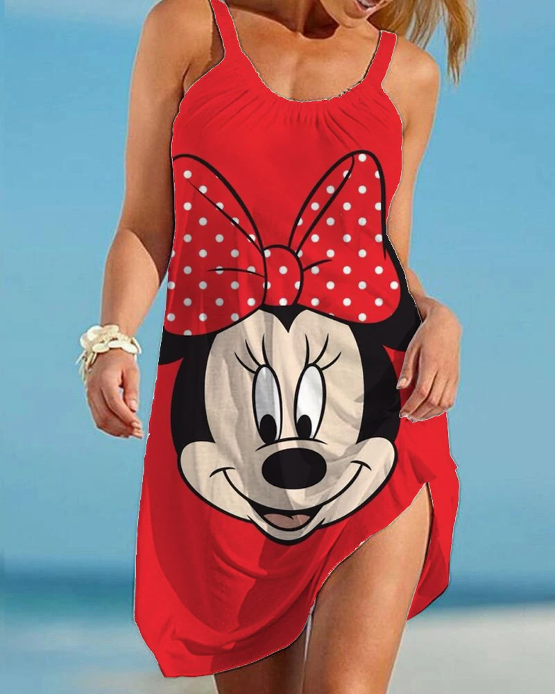 

Disney Minnie Mickey Mouse Women Dress Cotton O-Neck Sleeveless Midi Dress Stitching Large Swing Casual Loose Sundress Vestidos