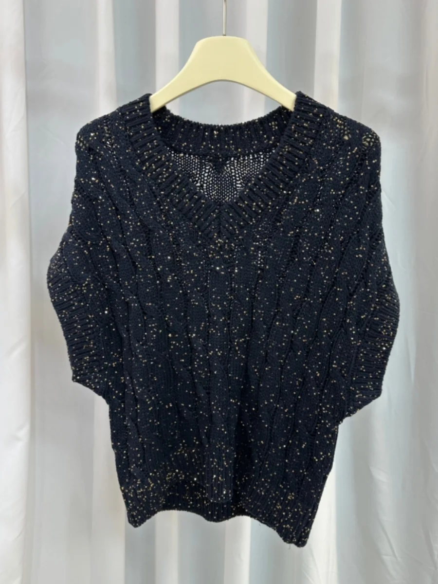 

24 Spring New High Quality Sequins B//C Linen Silk Twist V-Neck Sleeveless Vest Pullover Top