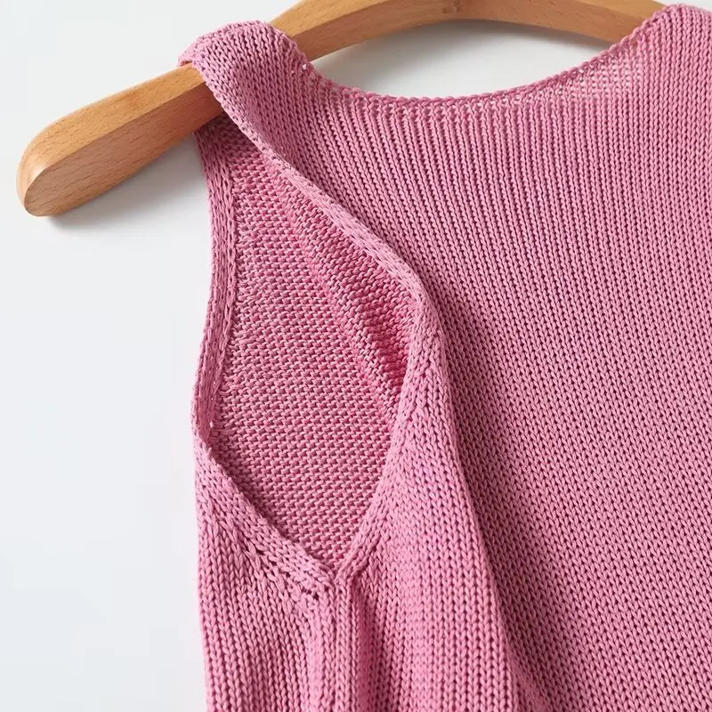 TRAF Nordic Minimalist Pink Knit Vest T-shirt Women Fashion Ladies Commuter Knitwear Elegant Pullover Summer Top