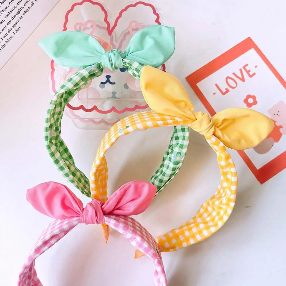 Korean Sweet Hair Accessories Headwear Flowers Bow Headdress Bow Headband Children Hair Hoop Plaid Hairband