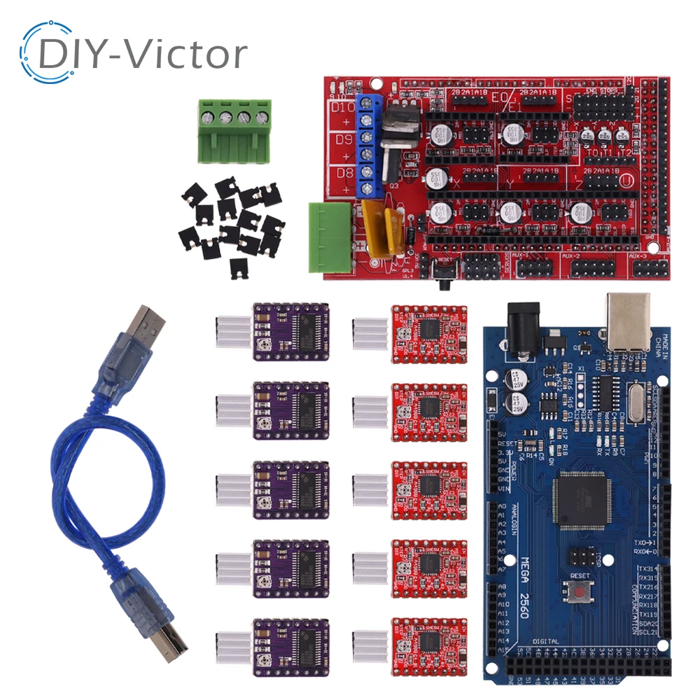 3D Printer Mega 2560 R3 + RAMPS 1.4 control panel+ 5pcs A4988 or DRV8825 / AT2100 Stepper Motor Drive for arduino kit