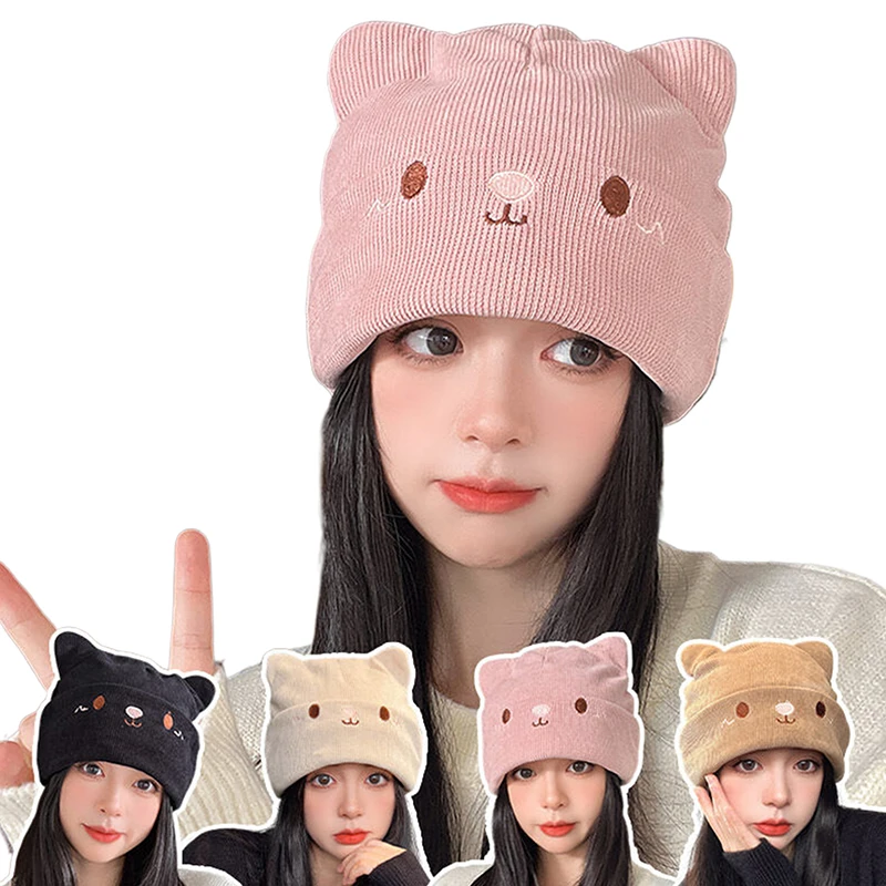 Cute Cat Embroidered Knitted Hat Outdoor Warm Ear Protection Cat Ears Wool Cap Over Head Cold Cap Street Beanies Cap Penny Cap