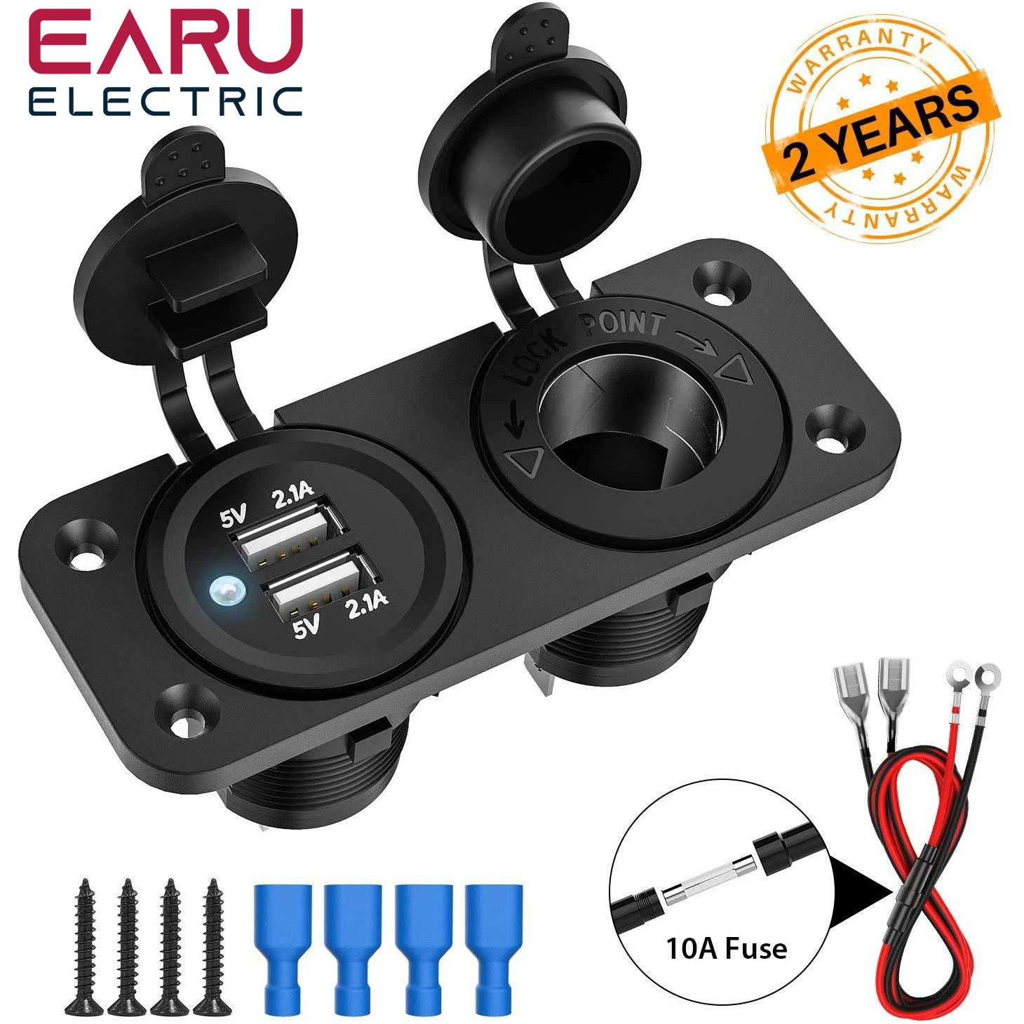 earu Cigarette Lighter Socket Splitter 12V Dual USB Charger Power Adapter Outlet for Car Boat Marine Motorcycle Scooter RV DIY