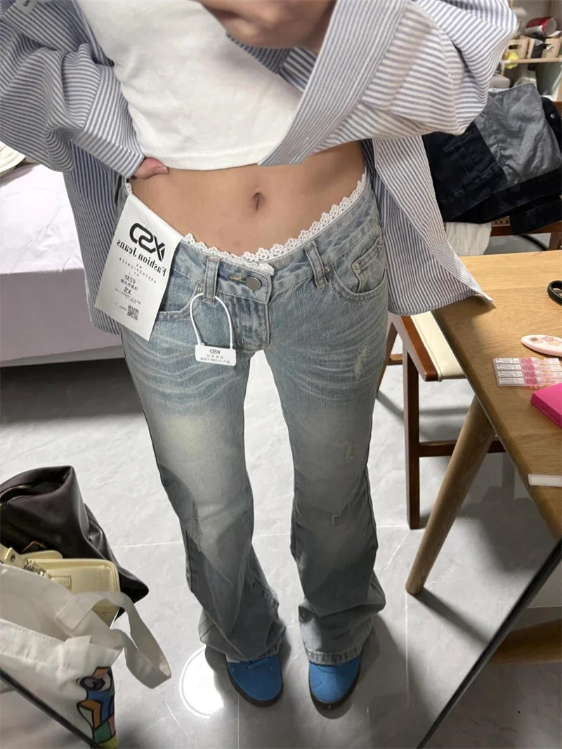 Jean Micro évasé en dentelle bleue délavée, Patchwork de Style américain, pour fille épicée, Look Slim, taille basse, pantalon à jambes droites, nouvelle collection 2025