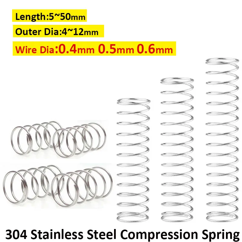 

10Pcs 304 Stainless Steel Compression Spring Return Spring Steel Wire Diameter 0.4mm 0.5mm 0.6mm OD4mm~12mm Length 5mm~50mm