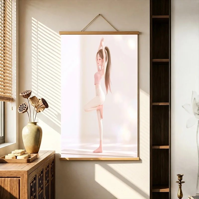 Room Decor Aesthetic Graceful Yoga Figures in Soft Neutral Light, Pearlescent Canvas Hanging Scroll for Yoga Studio Wall Decor