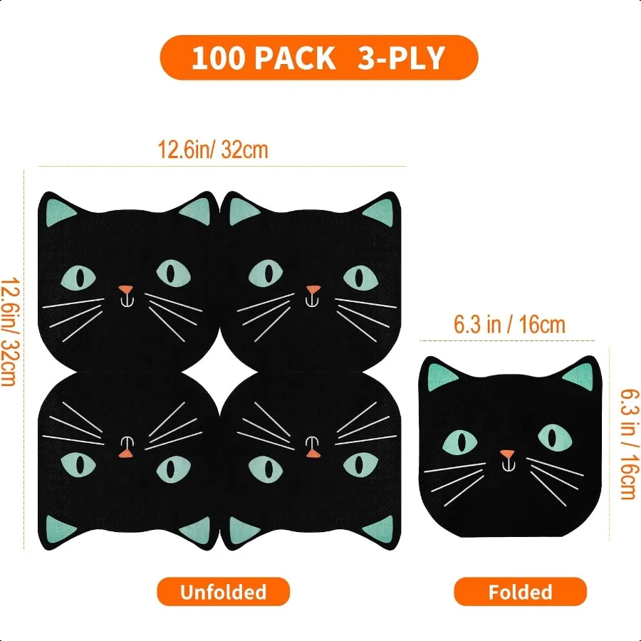 100 pièces serviettes en papier Halloween 3 plis fantôme citrouille chat noir serviette de déjeuner effrayant Dert dîner serviette à main pour la fête 6.5x6.5