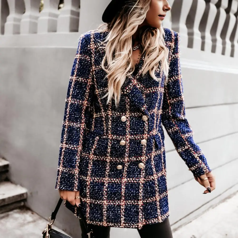 Winter Autumn Lady Coat Turn-down Collar Plaid Print Double-breasted Long Sleeves Thick Mid Length Dating Commuting Office Jacke