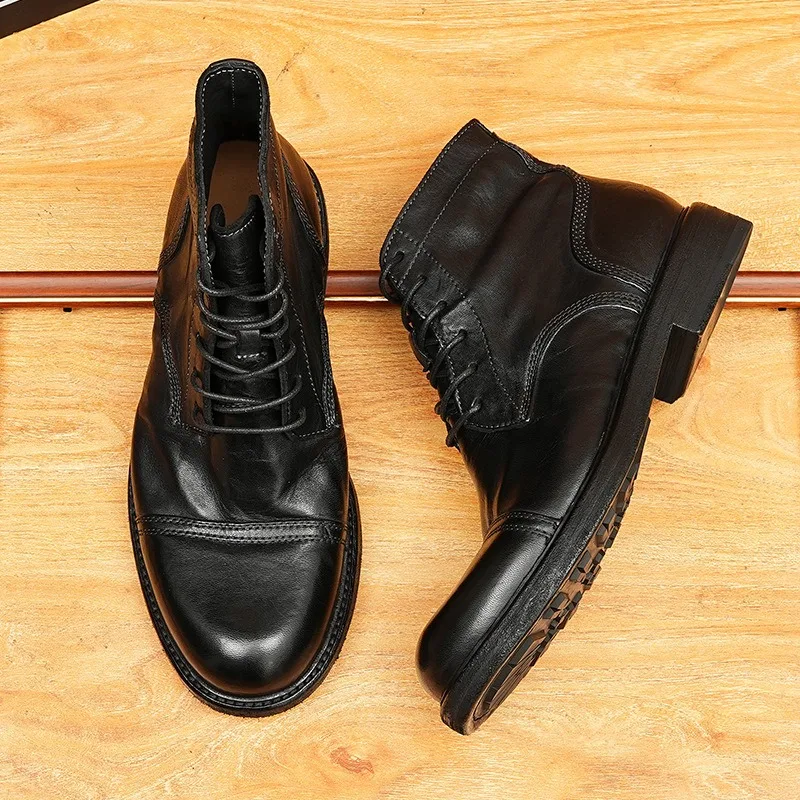 Vintage Handcrafted Men Motorcycle Boots Genuine Leather Outdoor Hiking Work Shoes British Business Formal Dress Ankle Boots