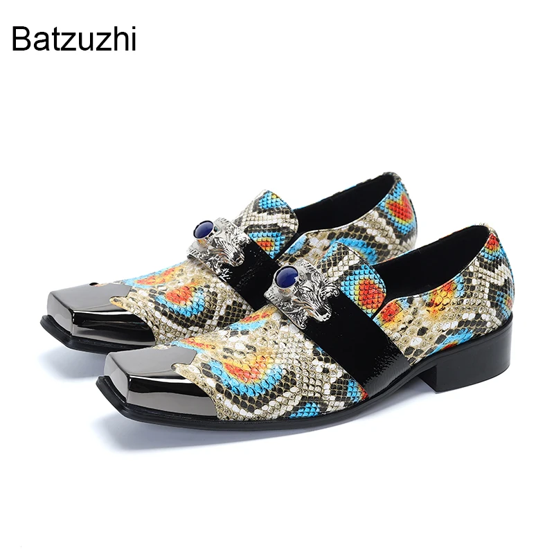 

Batzuzhi Italian Type Handmade Men's Shoes Square Metal Toe Color Leather Dress Shoes Men Luxury Party and Wedding Shoes Male