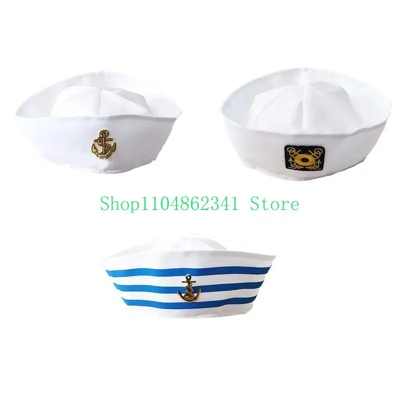 652F Fashion White Captain Sailor Hat Fancy Cosplay Hat Marine Captain Cap Hat for Travel Beach Dance Bar Cosplay