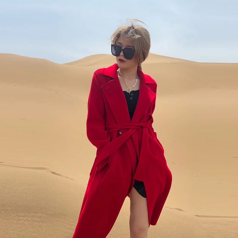 

Женское пальто из 100% двусторонней шерсти, повседневная однотонная длинная куртка, свободный двубортный кардиган с поясом и лацканами