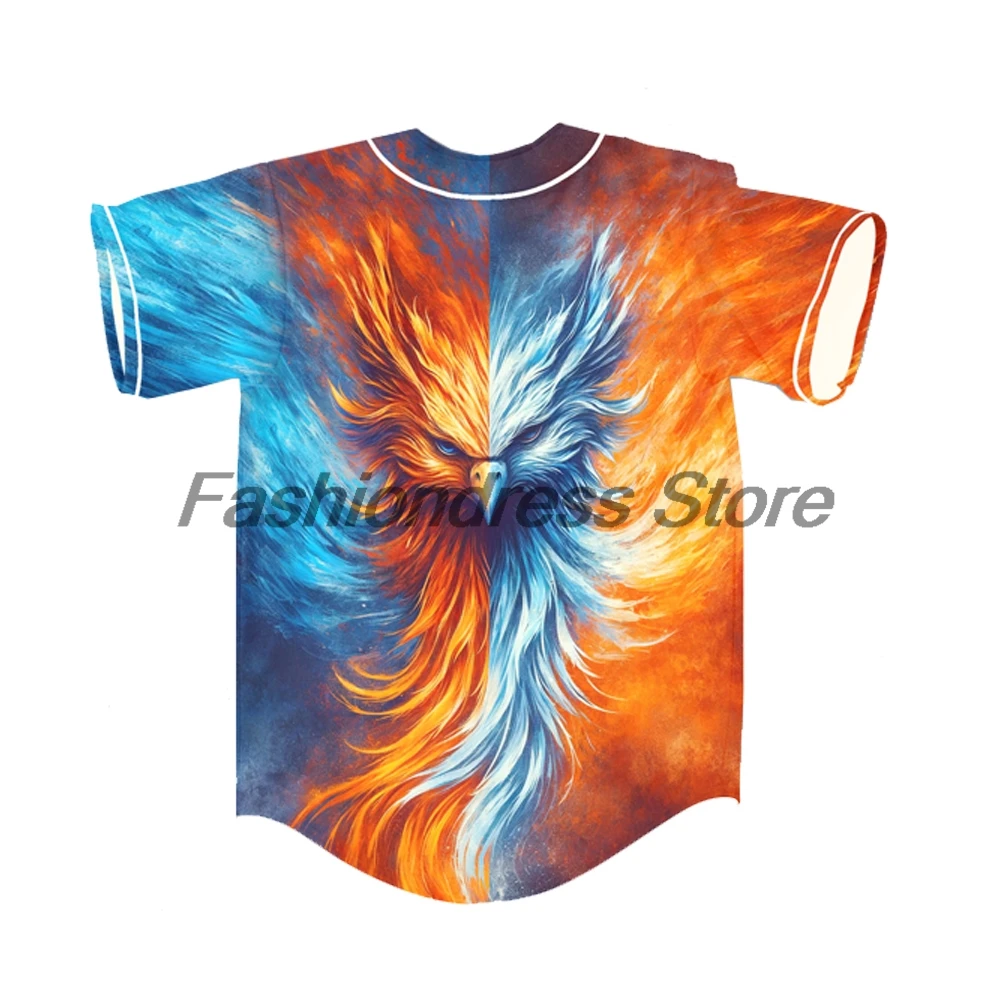Illenium Phoenix Orange and Blue Split Rave Baseball Jersey V-Neck Short Sleeve Button-Down Shirts Women Men Streetwear Tops