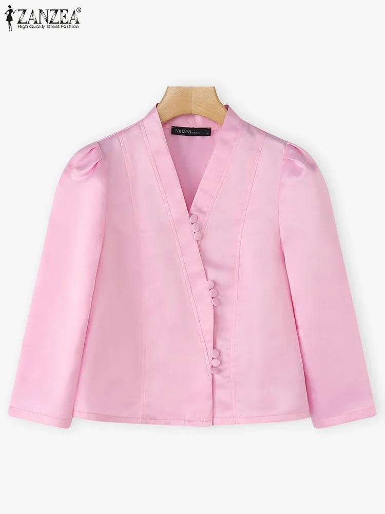 ZANZEA femmes élégantes mode bureau dame OL chemises Blouse Sexy col en v décontracté couleur unie hauts tunique boutons manches bouffantes Blusas