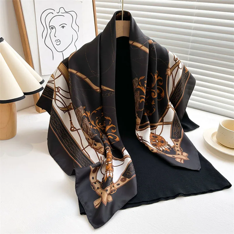 2024 Europe America New 90X90cm Large Square Scarves Women Silk Scarf Bandanna Hairband Headband Neckerchief Wrap Foulard Ribbon