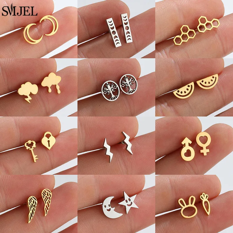 Stainless Steel Mini Stud Earrings Lightning Watermelon Wings Star Mooon Cartilage Ear Piercing Jewelry Key Lock Shape Studs