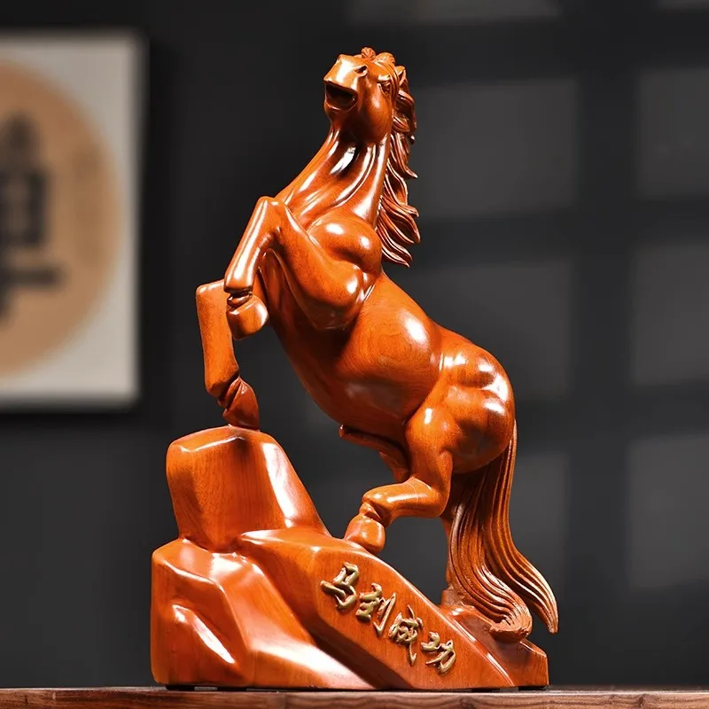 Rosewood Carved Horse Statue - Wealth Lucky Zodiac Horse Decor for Home/Office Desk, Chinese Feng Shui Craft Gift for Birthday