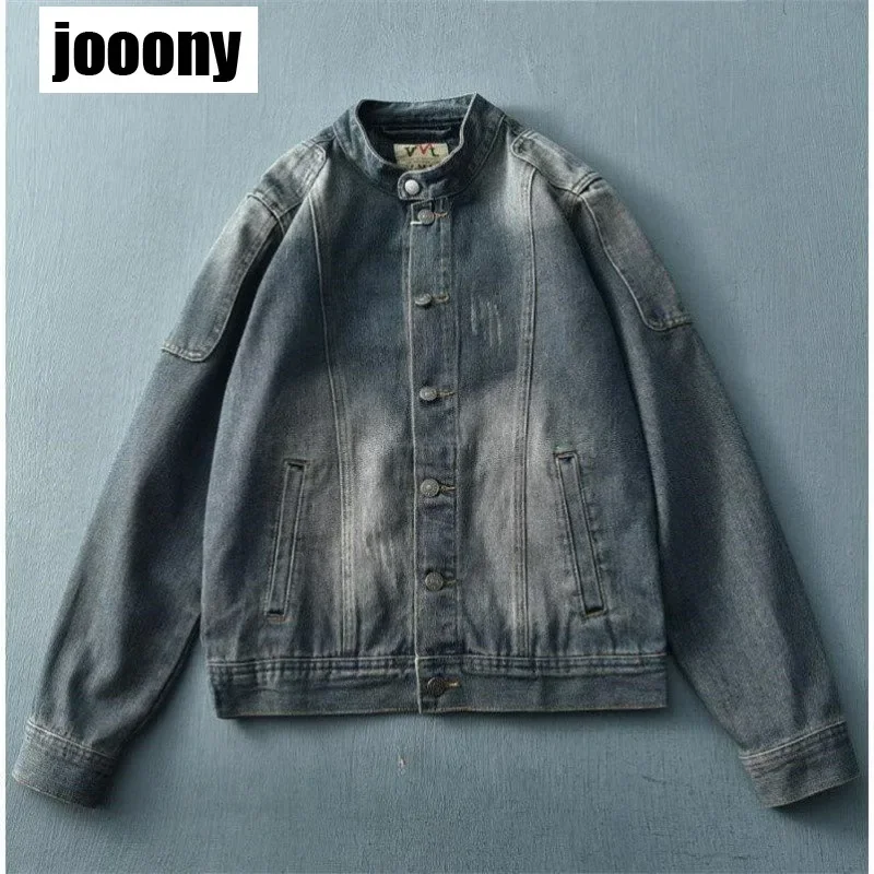 

Personalized Denim Jacket Men's Vintage Buttons Spring Autumn Work Jackets Stand Collar Long Sleeves Single-breasted Cowboy Tops