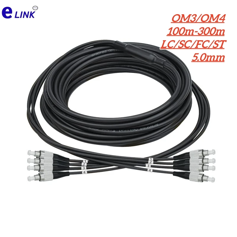 Armored fiber patchcord OM4 TPU 4 core 100m150m200m OM3-300 4C SC LC FC ST APC Multimode 4 fibers optical fibre jumper outdoor
