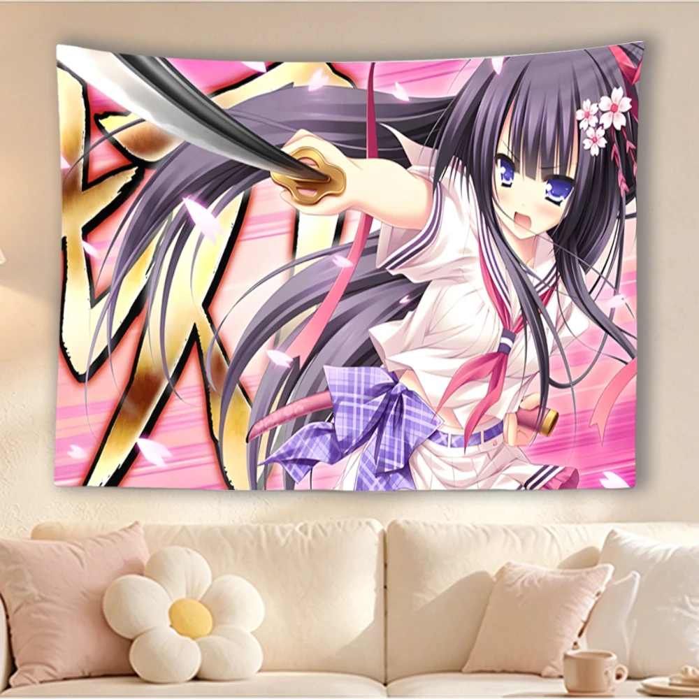 Kawaii Japanese Warrior Anime Maiden Tapestry Sailor Outfit Katana Sakura Floral Print Polyester Wall Hanging Decor Cloth