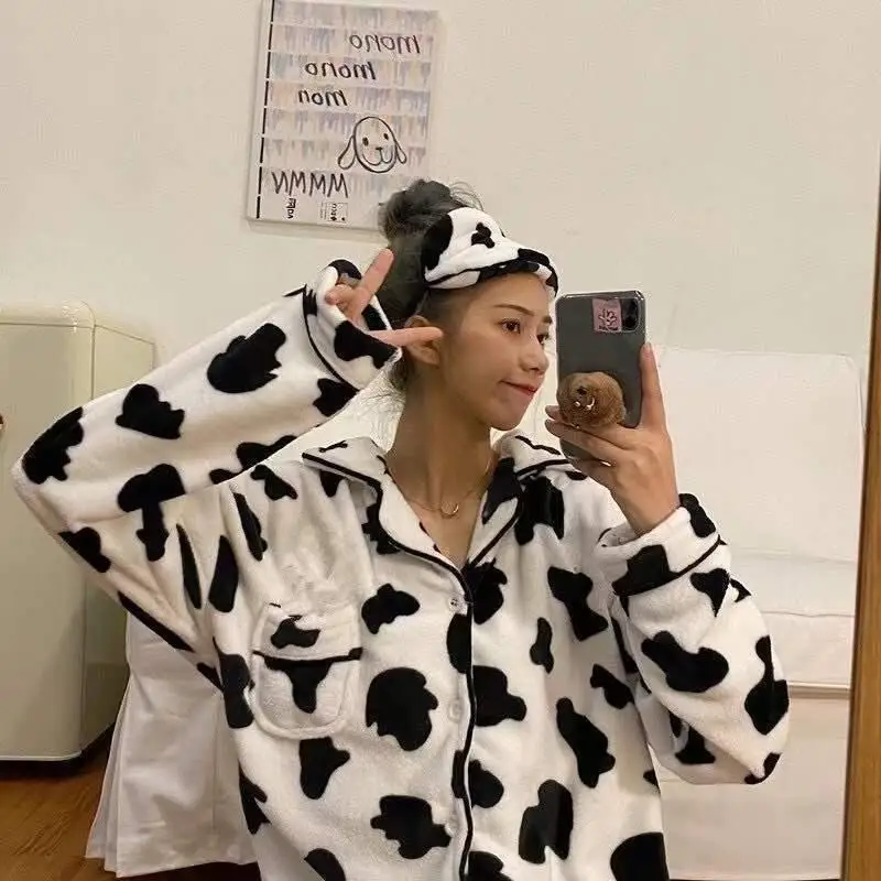 

Women's Clothing Cute Cow Coral Fleece Couple Pajamas Autumn and Winter Fleece-Lined Thicken Homewear Fashion Comfortable