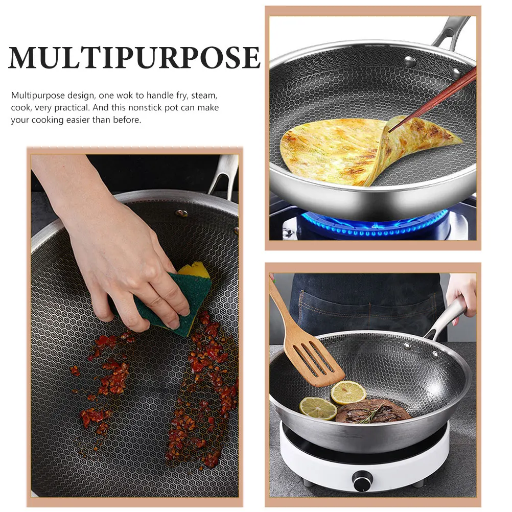 

Stainless Steel Wok Frying Pot Pan for Gas Stove Portable Cooking Honeycomb Cooks Cookware