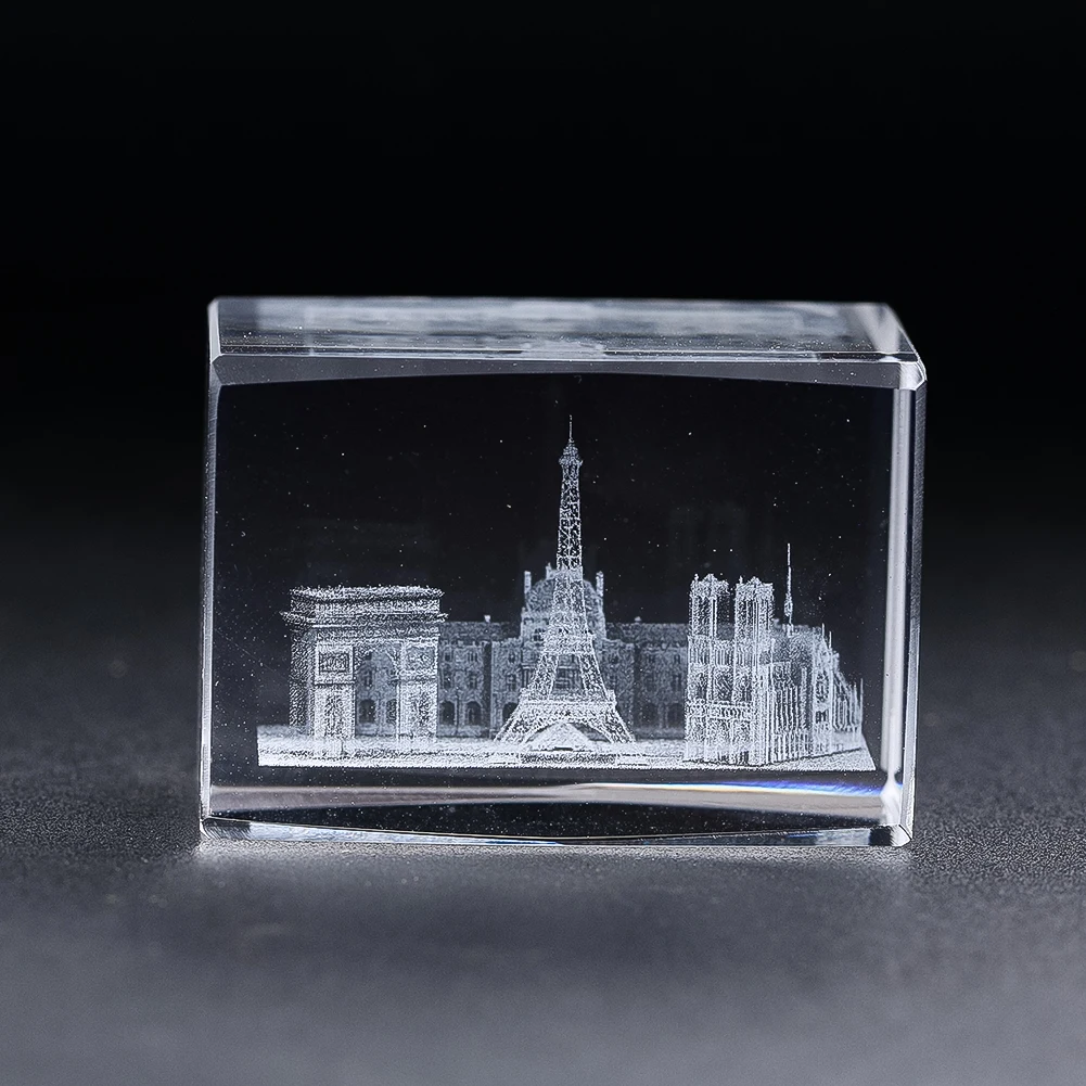 3D Laser Engraving Crystal Cube Mini Building Model Carved Inside Desktop Miniature Ornaments Home Decoration Paperweight Gifts