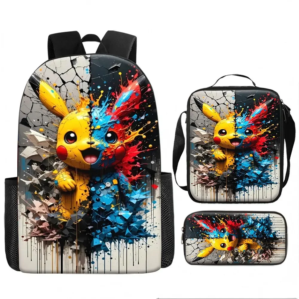 Kids Bag,Pokémon,Pikachu Cracked 3D Graffiti 3pcs Backpack Set Canvas Rucksack Lunchbox Pencilcase for Kids