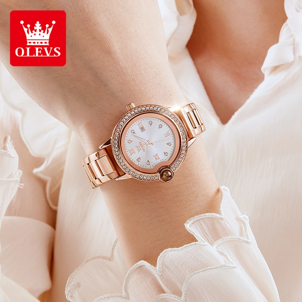 OLEVS 5588 럭셔리 여성용 시계, 우아한 방수 자동 날짜 다이아몬드 베젤, 스테인레스 스틸 스트랩, 오리지널 쿼츠 여성용 시계