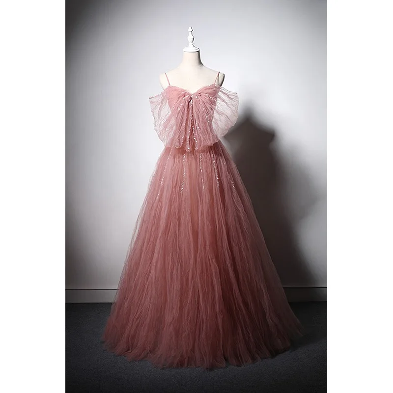 

Pink Prom Dresses A-Line Spaghetti Strap Crystal Beading Strapless Tulle Bow Ruched Formal Party Evening Bridesmaid Gowns