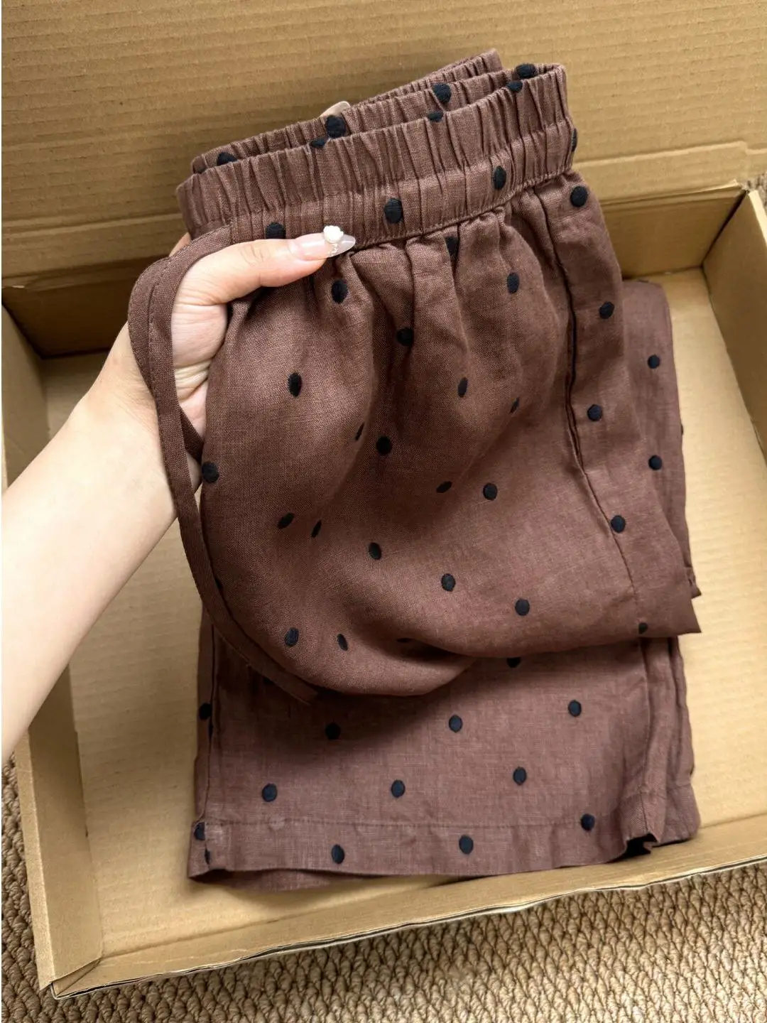 Retro Chic Brown Polka Dot Elastic Waist Linen Wide Leg Pants Women Summer Thin Loose Drape Casual Long Trousers
