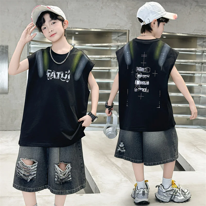 Junior Boys Summer Suit Children's Fashion Sleeveless Vest and Hole Jeans Shorts Clothing Sets for Kids 5 7 9 11 13 14 Years Old
