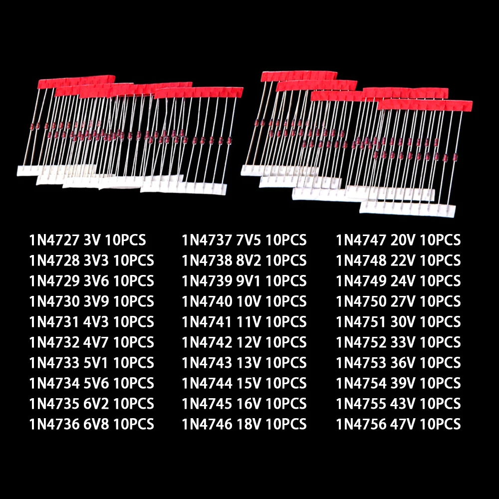 30Values 3V 3V2 3V6 3V9 4V3 4V7 3V-47V Each 10PCS 1W Zener Diode Package Component Package DO-41  5V1 5V6 6V2 6V8