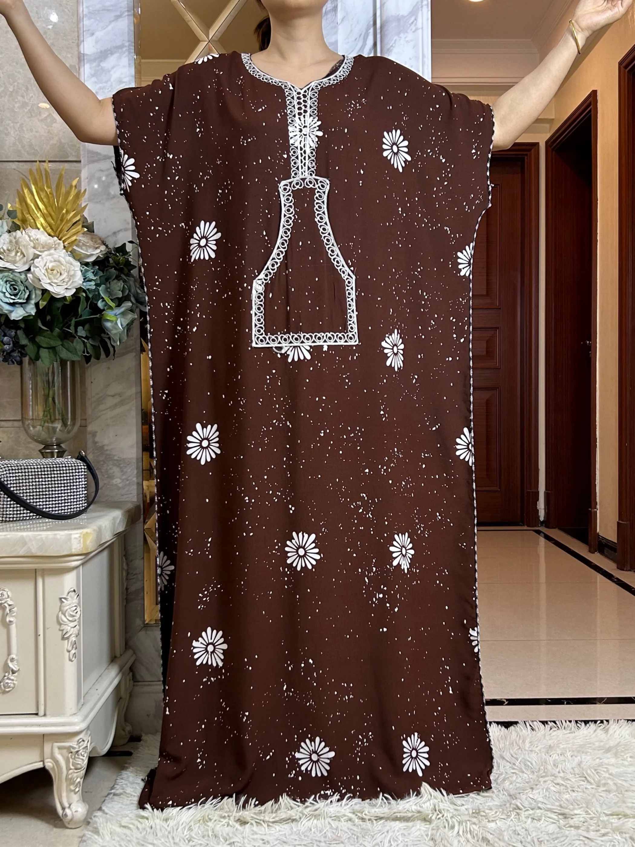 Vestido africano de algodón con bufanda grande para mujer, estampado Floral, holgado, con bolsillo, Abaya de manga corta, lo último en otoño