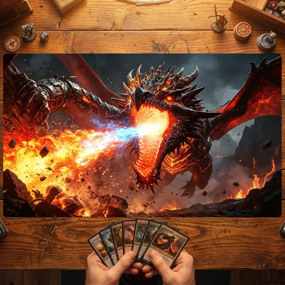 Giant Mecha Lava Fire Dragon TCG Playmat 35X60CM Magic Card Battle Mat Non-Slip Durable Stitched Edge Tabletop Playmat