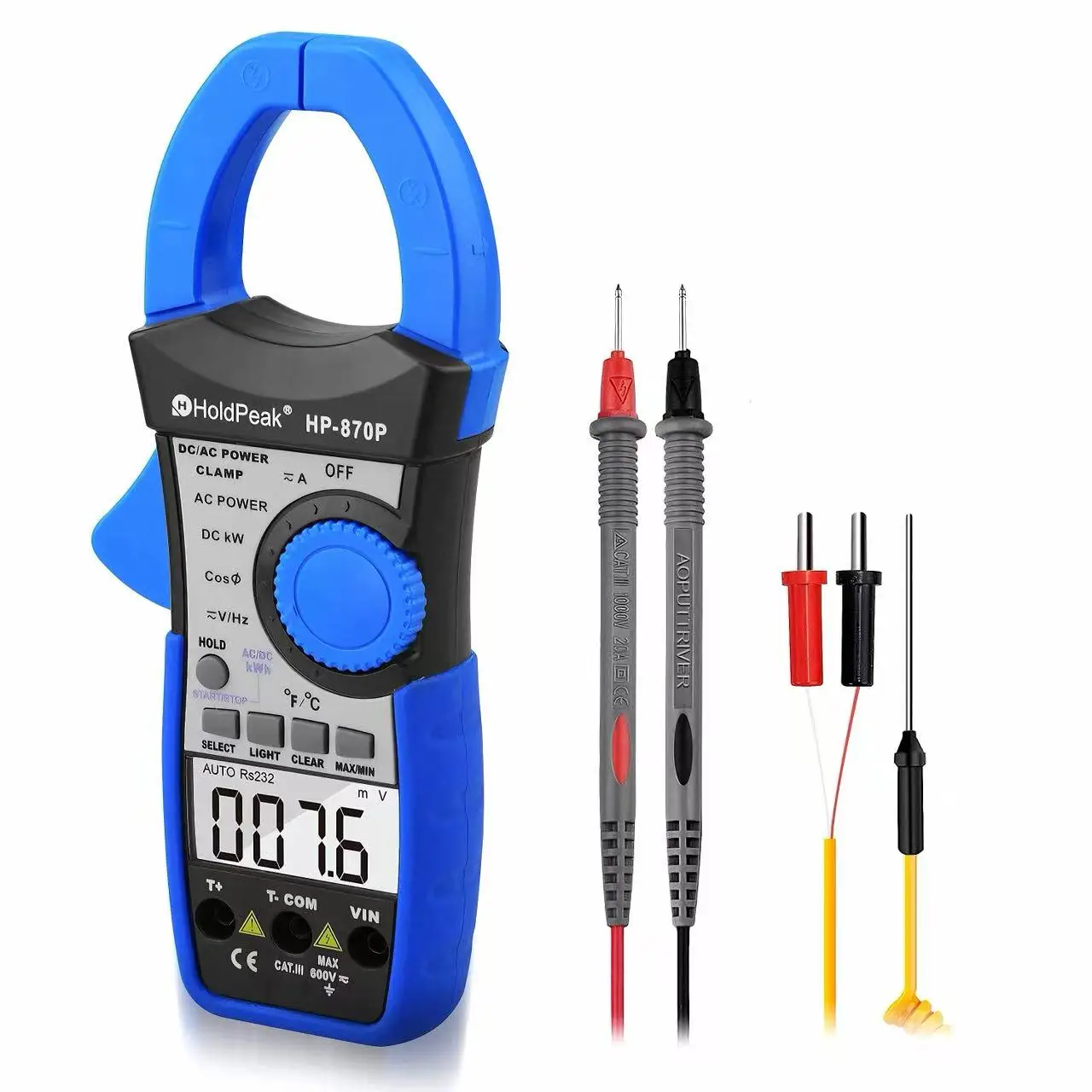 

HP-870P Digital Clamp Meter AC/DC 1000A 600V True RMS Power Tester with kWh, PF, Hz, Temperature, Data Hold, Backlight