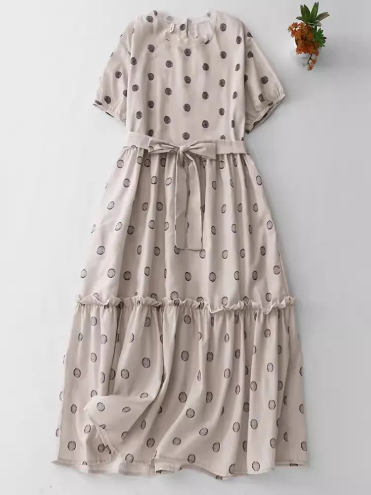 

Vintage Polka Dot Women Dresses 2024 New Summer Designer Pachwork Ruffles Ladies Midi Dress Belted Casual Loose Sundress