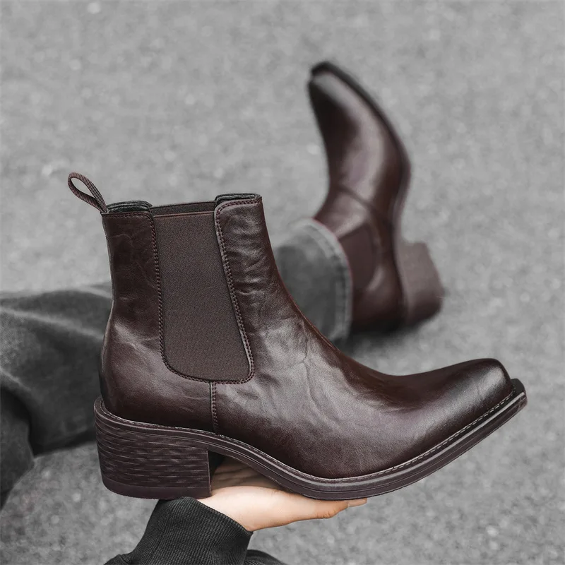 أحذية تشيلسي عالية الحجم للرجال على الموضة من Punk Rock باللون الأسود والبني سهلة الارتداء أحذية رعاة البقر الأصلية من الجلد مصممة للكاحل