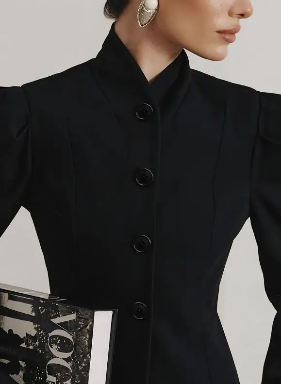 

Women's Jacket 2026 New Spring Autumn Solid Color Elegant Stand Collar Temperament Commuting Bubble Sleeves Office Lady Jacket