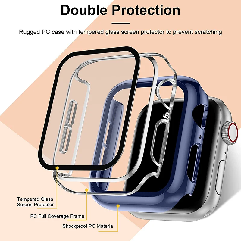 Glass+Case For Apple Watch Series 9 8 7 45mm 41mm Bumper Screen Protector+Cover For iWatch 6 5 4 SE 44mm 42mm 40mm 38mm PC Shell