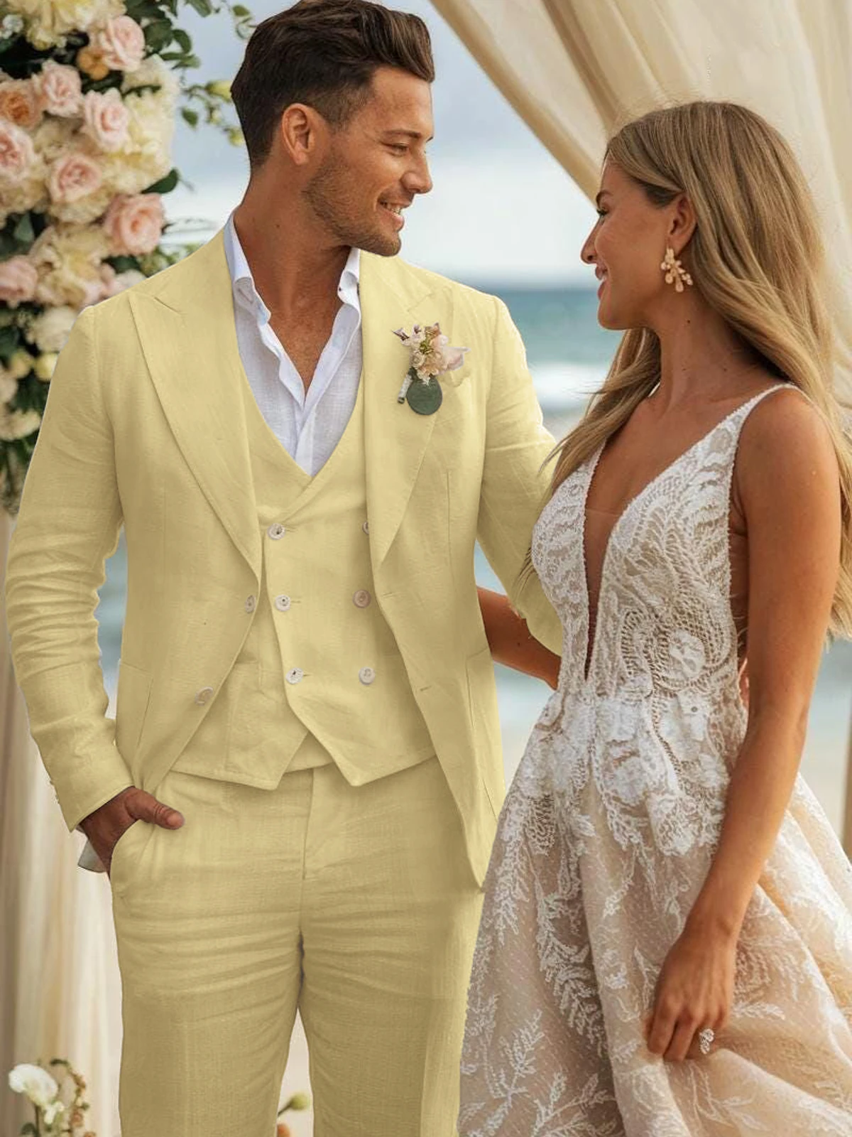 Summer Linen Wedding Suits for Men Slim Fit Peaked Lapel Solid TuxedoTrajes Para Hombre Terno Masculino Costume Homme Men Suits