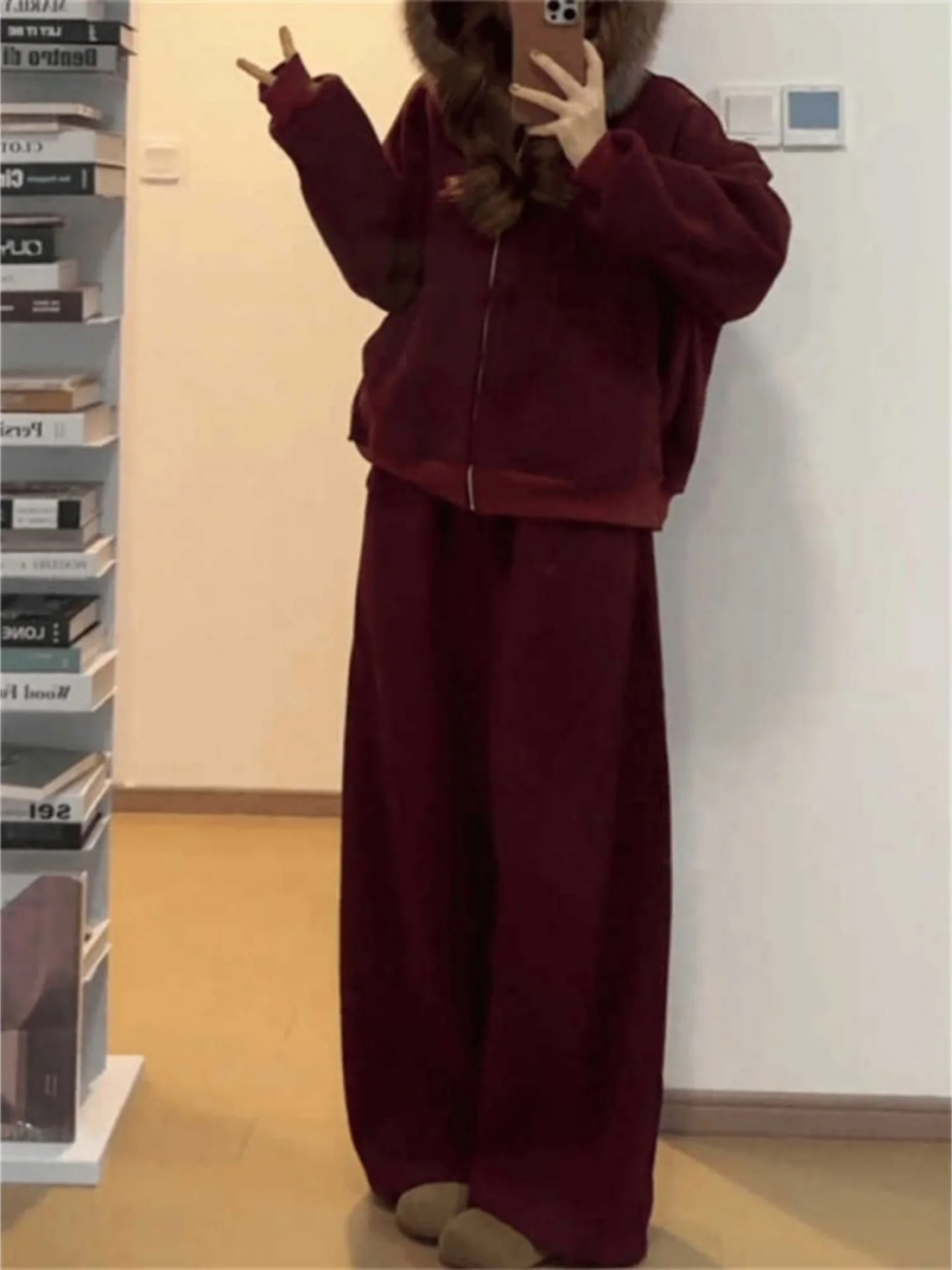 

Laid-ba Sle Faionable Hooded Slimming Long Sve Sweatirt Loose Wide Leg Pants Winter New Arrival Set High Waist Tro...
