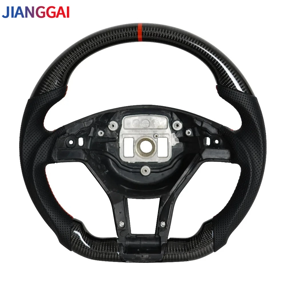 Real Carbon Fiber Perforated Leather Steering Wheel Red Stitching For Benz AMG CLA 45 A45 CLS SLK SLS E63 2012-2014 With Paddle Shifter Holes